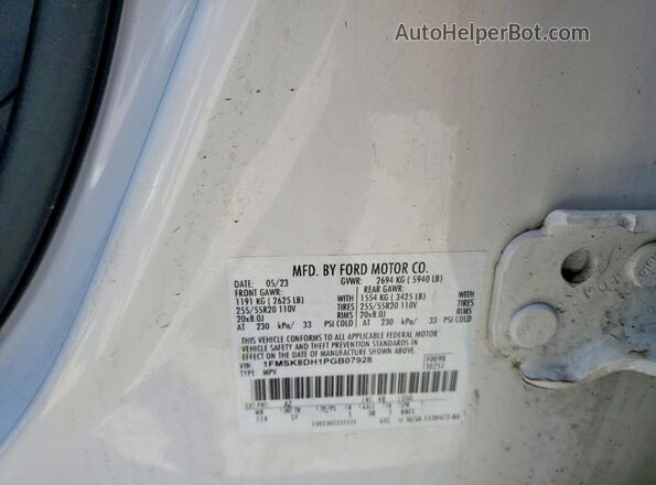 1FMSK8DH1PGB07928 2023 FORD EXPLORER White VIN կոդի պիտակի տեսք