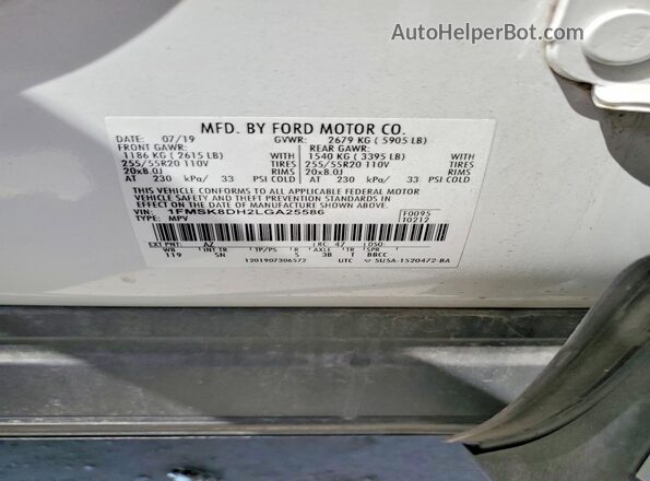 1FMSK8DH2LGA25586 2020 FORD EXPLORER White VIN კოდის სტიკერის ხედი