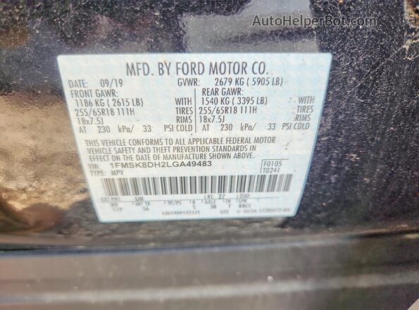 1FMSK8DH2LGA49483 2020 FORD EXPLORER Black VIN sticker view