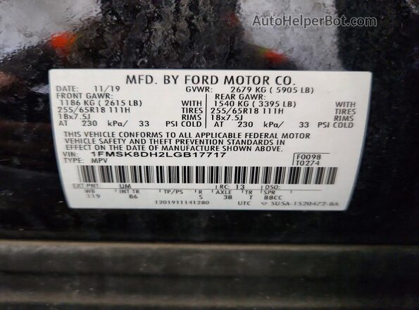1FMSK8DH2LGB17717 2020 FORD EXPLORER Black Вид наклейки з VIN-кодом