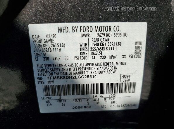 1FMSK8DH2LGC25514 2020 FORD EXPLORER Charcoal VIN sticker view