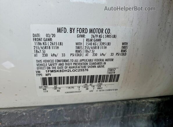 1FMSK8DH2LGC25576 2020 FORD EXPLORER White VIN კოდის სტიკერის ხედი