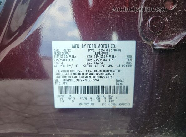 1FMSK8DH2NGB38294 2022 FORD EXPLORER Burgundy Vista interior de 360 grados