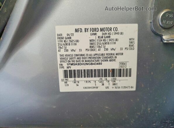 1FMSK8DH2NGB43480 2022 FORD EXPLORER Серебряный Вид наклейки с VIN-кодом