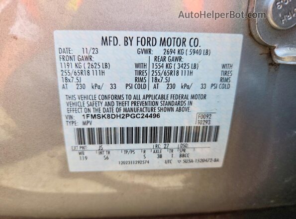 1FMSK8DH2PGC24496 2023 FORD EXPLORER Silver VIN sticker view