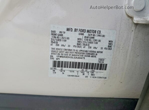 1FMSK8DH3LGA49475 2020 FORD EXPLORER White Engine compartment view