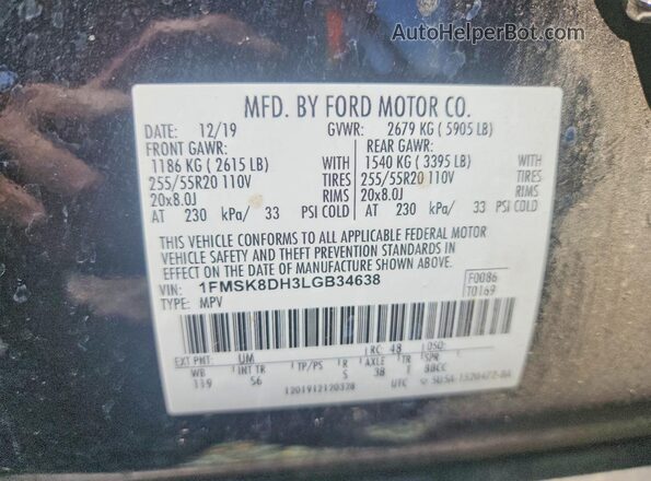 1FMSK8DH3LGB34638 2020 FORD EXPLORER Black Vista de la etiqueta del VIN
