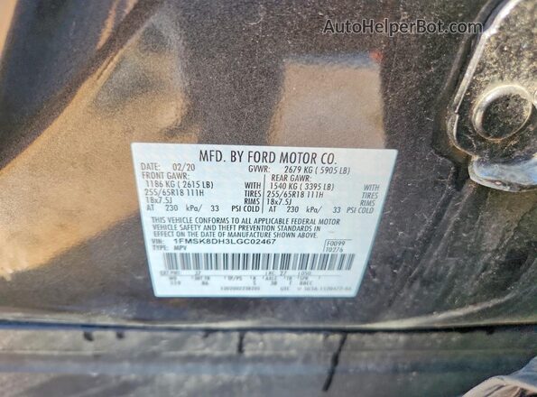 1FMSK8DH3LGC02467 2020 FORD EXPLORER Gray VIN კოდის სტიკერის ხედი