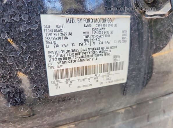 1FMSK8DH3MGB41204 2021 FORD EXPLORER Черный Вид наклейки с VIN-кодом