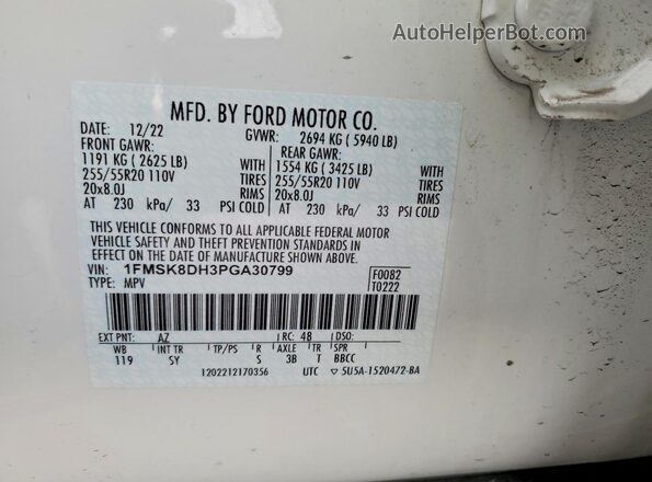1FMSK8DH3PGA30799 2023 FORD EXPLORER White Widok wnętrza 360 stopni