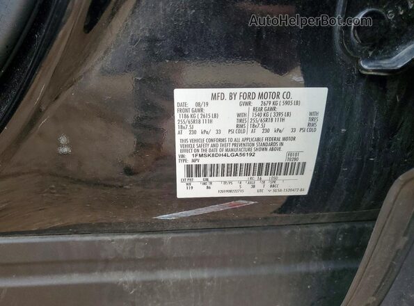 1FMSK8DH4LGA56192 2020 FORD EXPLORER Black Vista de la etiqueta del VIN