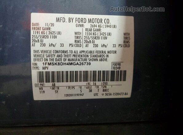 1FMSK8DH4MGA26739 2021 FORD EXPLORER Синий Вид наклейки с VIN-кодом