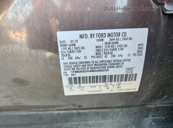 1FMSK8DH4MGA80235 2021 FORD EXPLORER Brown Widok naklejki z numerem VIN