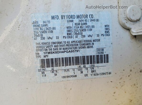 1FMSK8DH4PGA95791 2023 FORD EXPLORER White Widok wnętrza 360 stopni