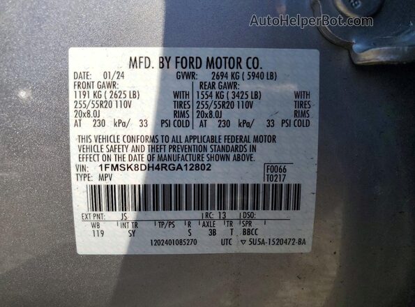 1FMSK8DH4RGA12802 2024 FORD EXPLORER Silver VIN կոդի պիտակի տեսք