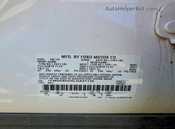 1FMSK8DH5LGA41135 2020 FORD EXPLORER White VIN կոդի պիտակի տեսք
