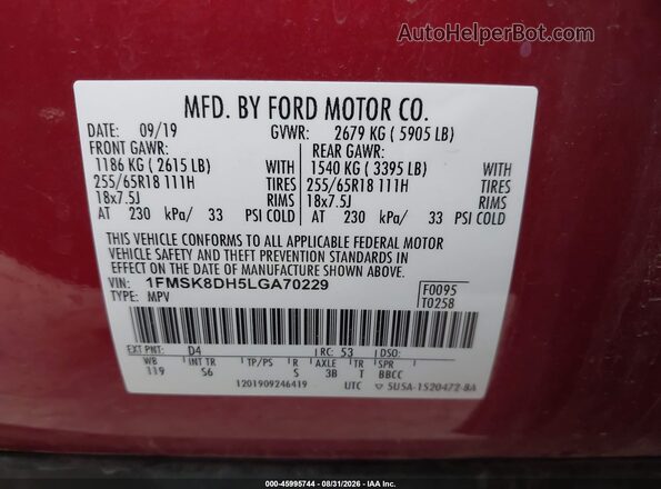 1FMSK8DH5LGA70229 2020 FORD EXPLORER Red Շարժիչի բաժամունքի տեսք