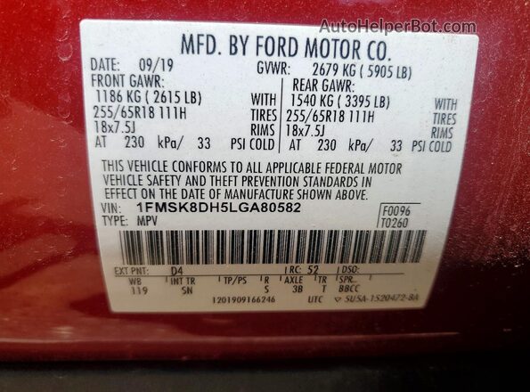 1FMSK8DH5LGA80582 2020 FORD EXPLORER Red VIN კოდის სტიკერის ხედი