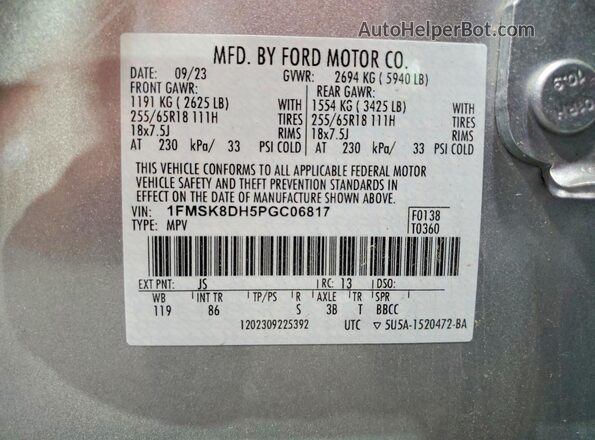 1FMSK8DH5PGC06817 2023 FORD EXPLORER Silver Widok naklejki z numerem VIN