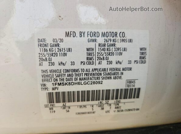 1FMSK8DH6LGC28092 2020 FORD EXPLORER Белый Панорамный вид салона 360°
