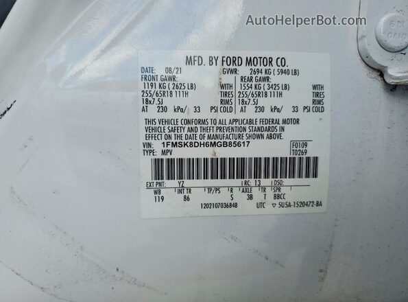 1FMSK8DH6MGB85617 2021 FORD EXPLORER White Vista de la etiqueta del VIN