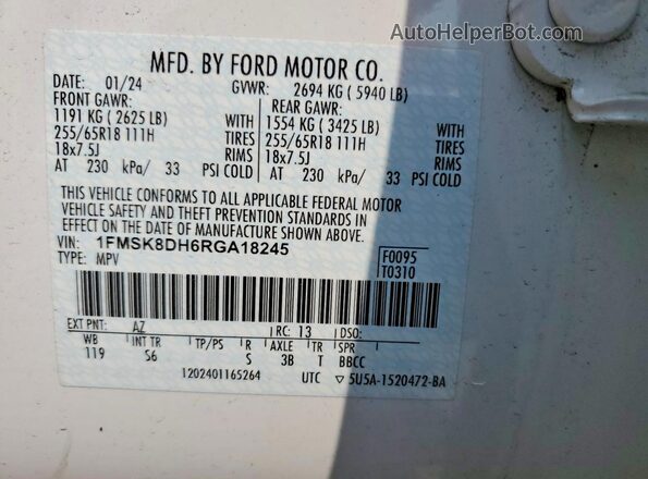 1FMSK8DH6RGA18245 2024 FORD EXPLORER White Вид наклейки з VIN-кодом