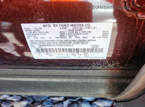 1FMSK8DH7LGC08532 2020 FORD EXPLORER Maroon Vista de la etiqueta del VIN