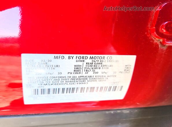 1FMSK8DH7LGC19983 2020 FORD EXPLORER Red Вид наклейки з VIN-кодом