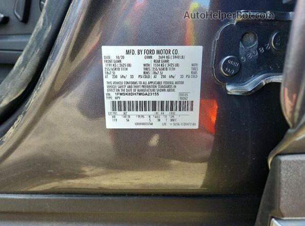 1FMSK8DH7MGA23155 2021 FORD EXPLORER Gray Vista de la etiqueta del VIN