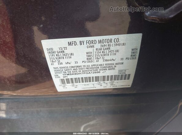 1FMSK8DH7PGA12600 2023 FORD EXPLORER Maroon ძრავის განყოფილების ხედი