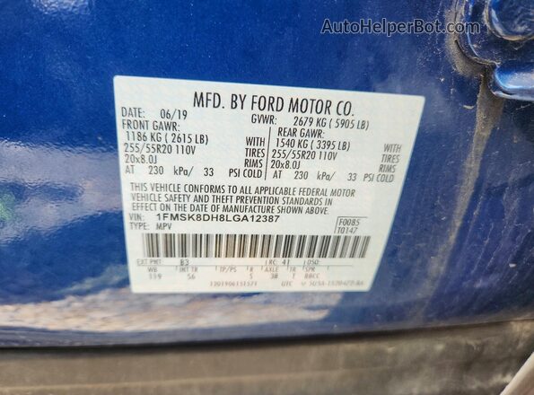 1FMSK8DH8LGA12387 2020 FORD EXPLORER Blue Vista de la etiqueta del VIN