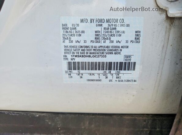 1FMSK8DH8LGC27333 2020 FORD EXPLORER White Vista del compartimento del motor