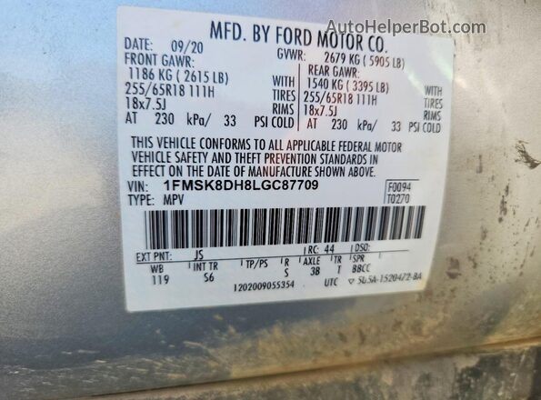 1FMSK8DH8LGC87709 2020 FORD EXPLORER Silver Vista de la etiqueta del VIN