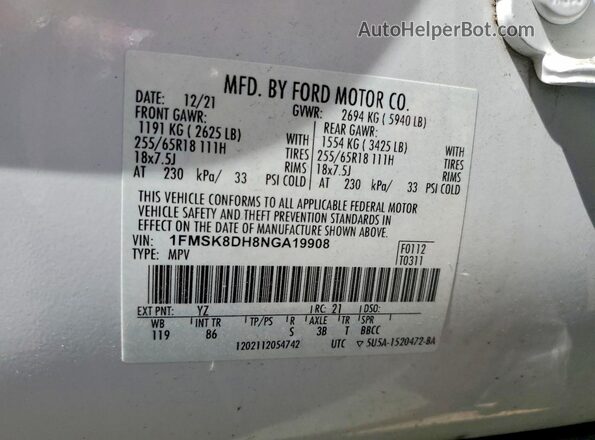 1FMSK8DH8NGA19908 2022 FORD EXPLORER White Շարժիչի բաժամունքի տեսք