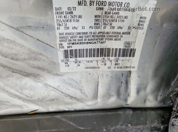 1FMSK8DH8NGA77467 2022 FORD EXPLORER Gray Вид наклейки з VIN-кодом