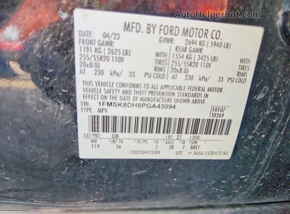 1FMSK8DH8PGA43094 2023 FORD EXPLORER Black Вид наклейки з VIN-кодом