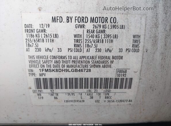 1FMSK8DH9LGB46728 2020 FORD EXPLORER White Widok komory silnika