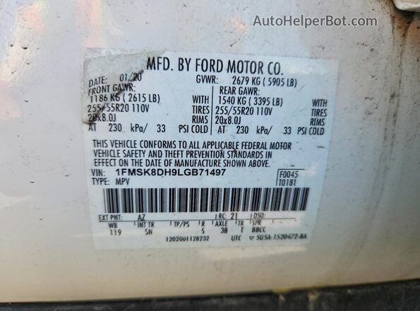 1FMSK8DH9LGB71497 2020 FORD EXPLORER White VIN კოდის სტიკერის ხედი