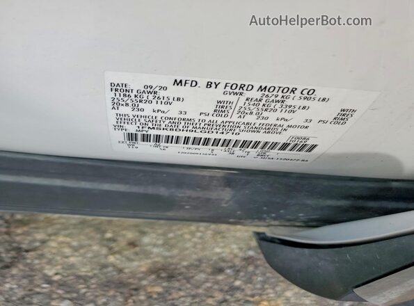 1FMSK8DH9LGD14710 2020 FORD EXPLORER White VIN კოდის სტიკერის ხედი