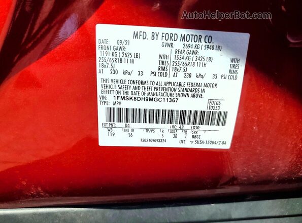 1FMSK8DH9MGC11367 2021 FORD EXPLORER Красный Вид наклейки с VIN-кодом