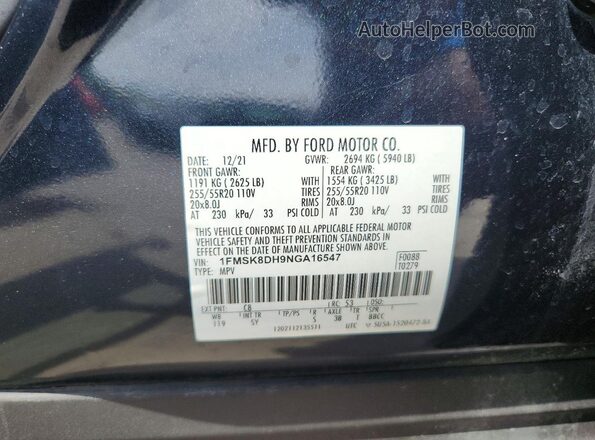1FMSK8DH9NGA16547 2022 FORD EXPLORER Blue Vista de la etiqueta del VIN