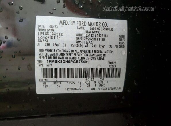 1FMSK8DH9PGB75491 2023 FORD EXPLORER Charcoal Vista interior de 360 grados