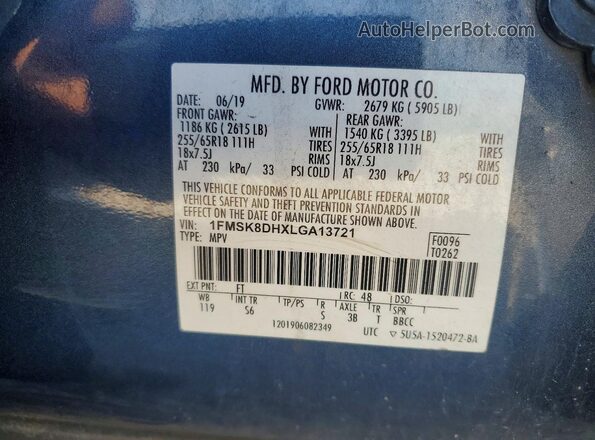 1FMSK8DHXLGA13721 2020 FORD EXPLORER Blue Вид наклейки з VIN-кодом