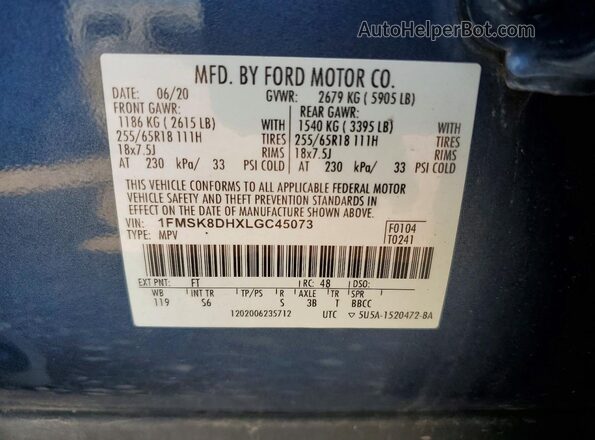 1FMSK8DHXLGC45073 2020 FORD EXPLORER Blue Շարժիչի բաժամունքի տեսք