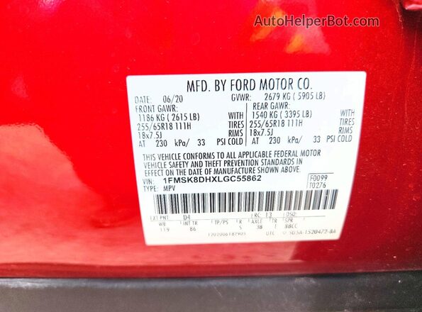 1FMSK8DHXLGC55862 2020 FORD EXPLORER Red Vista de la etiqueta del VIN
