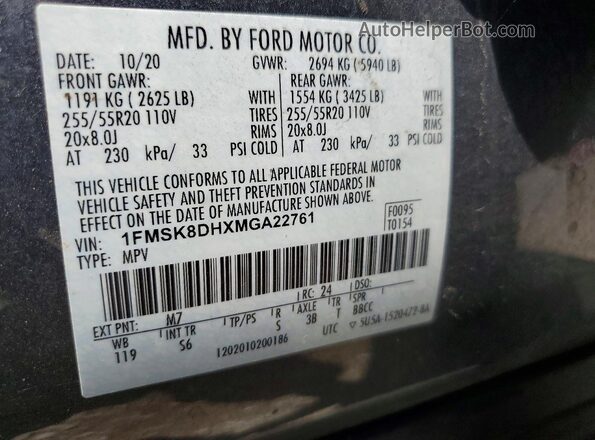 1FMSK8DHXMGA22761 2021 FORD EXPLORER Gray Vista interior de 360 grados