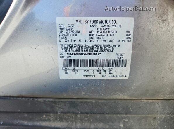 1FMSK8DHXMGB59697 2021 FORD EXPLORER Silver სალონის 360-გრადუსიანი ხედი
