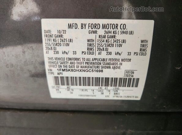 1FMSK8DHXNGC51698 2022 FORD EXPLORER Gray Սալոնի 360 աստիճան տեսք