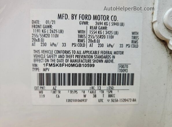 1FMSK8FH0MGB10599 2021 FORD EXPLORER White Vista de la etiqueta del VIN