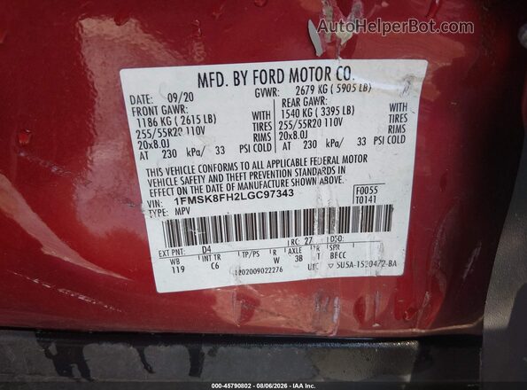 1FMSK8FH2LGC97343 2020 FORD EXPLORER Красный Вид подкапотного пространства